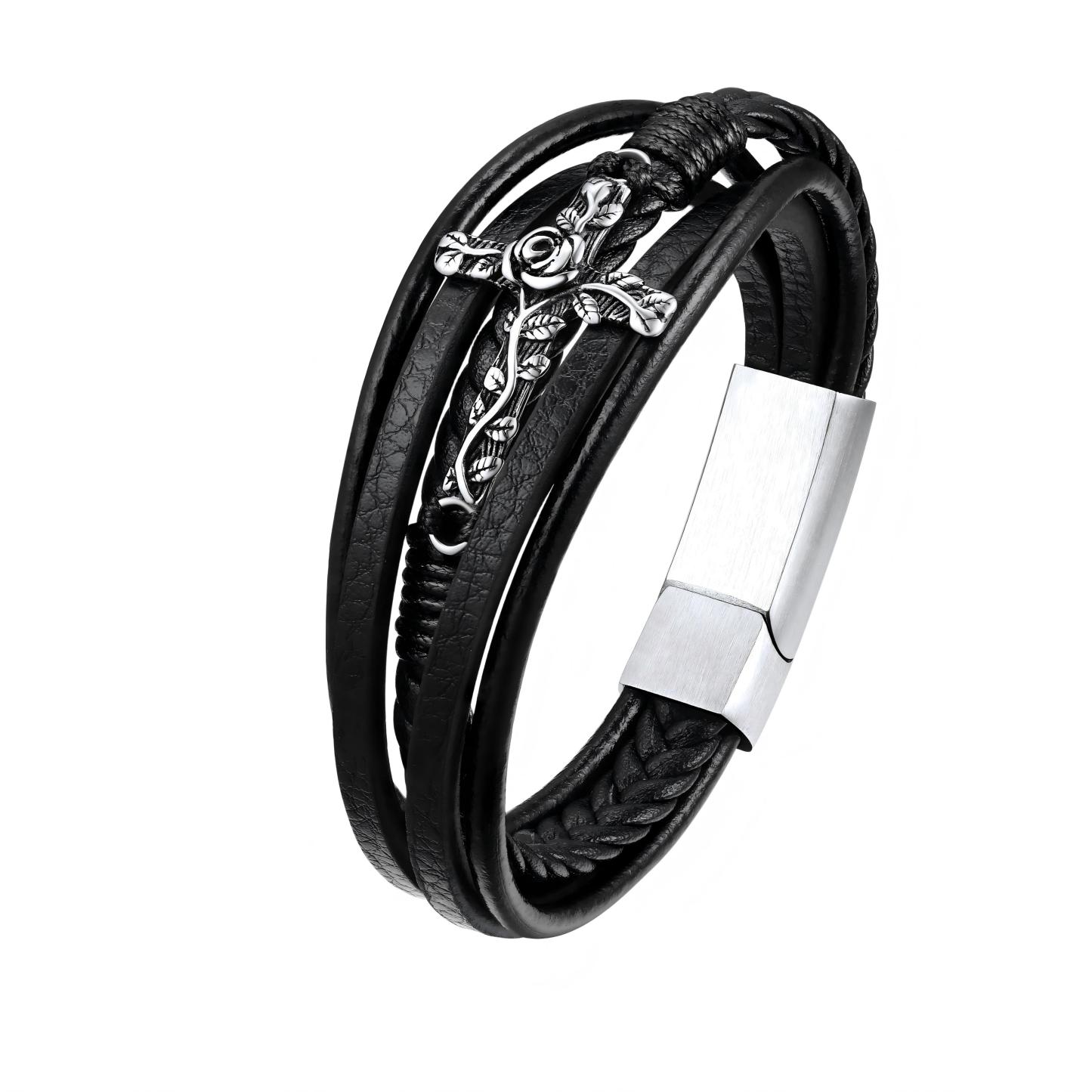 Rose Cross Multi Layered Leather Cord Bracelet