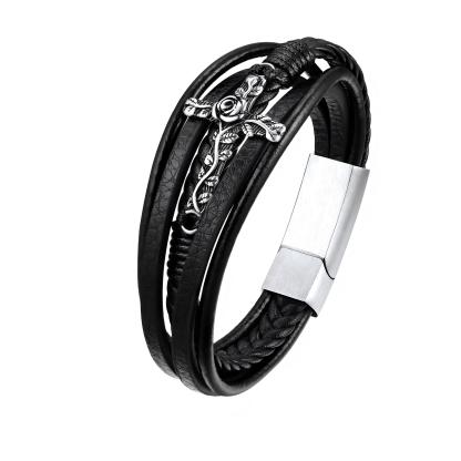 Rose Cross Multi Layered Leather Cord Bracelet