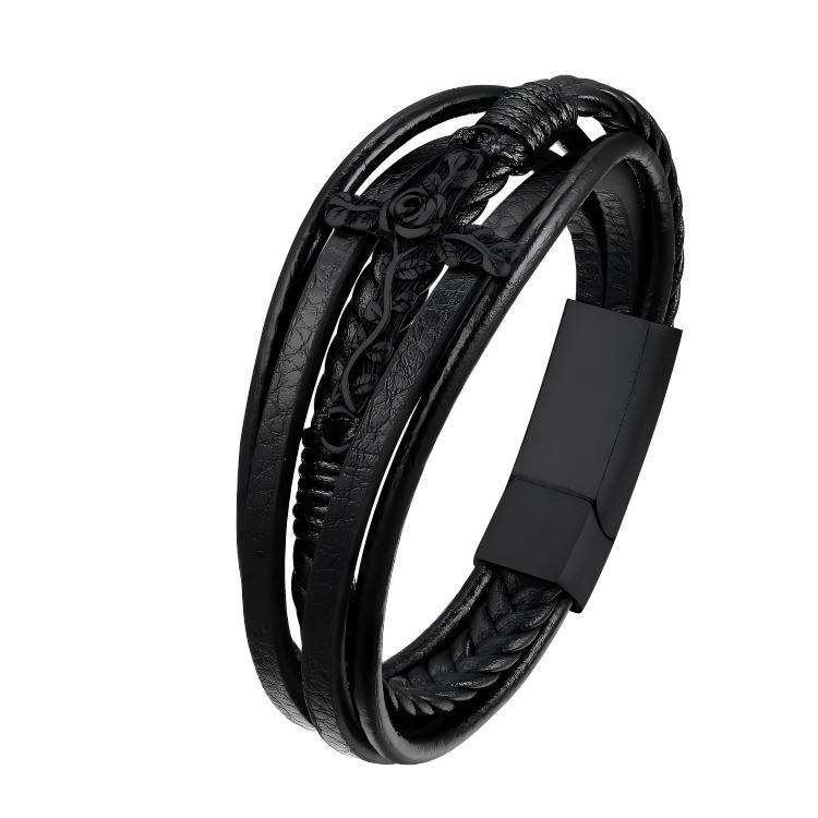 Rose Cross Multi Layered Leather Cord Bracelet