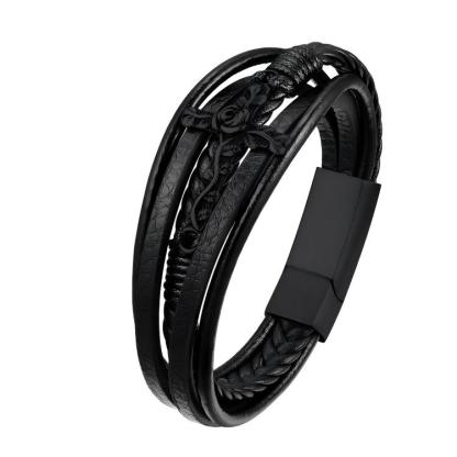 Rose Cross Multi Layered Leather Cord Bracelet