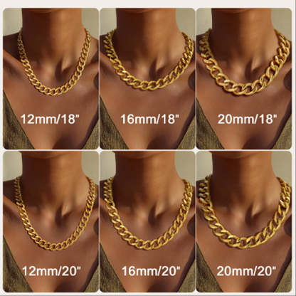 Collage of gold chain necklaces on mannequins with size labels.