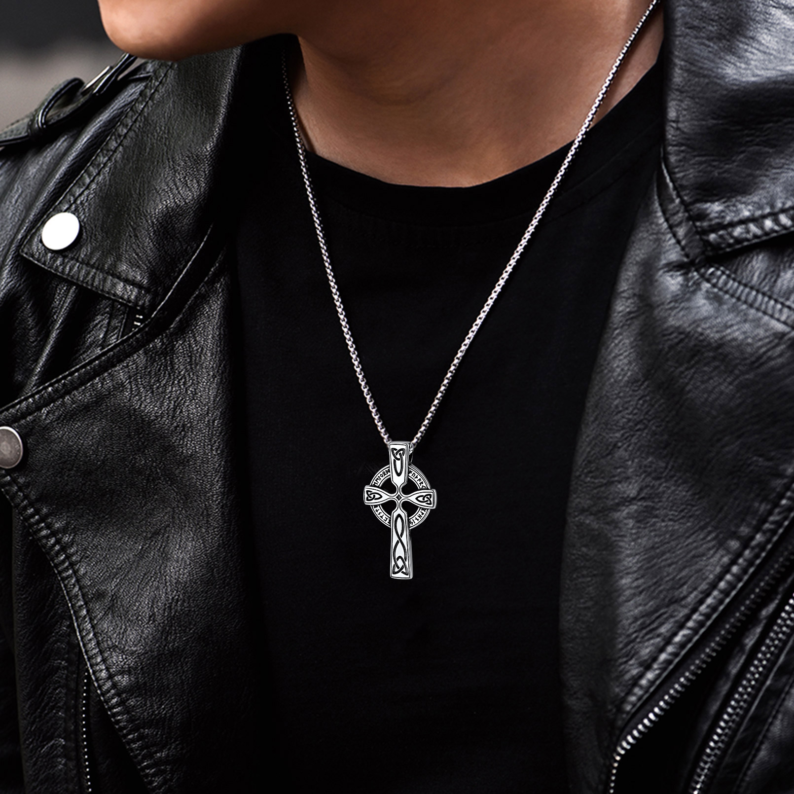 Celtic Knot Cross Pendant Necklace Viking Nordic Style Silver - model effect