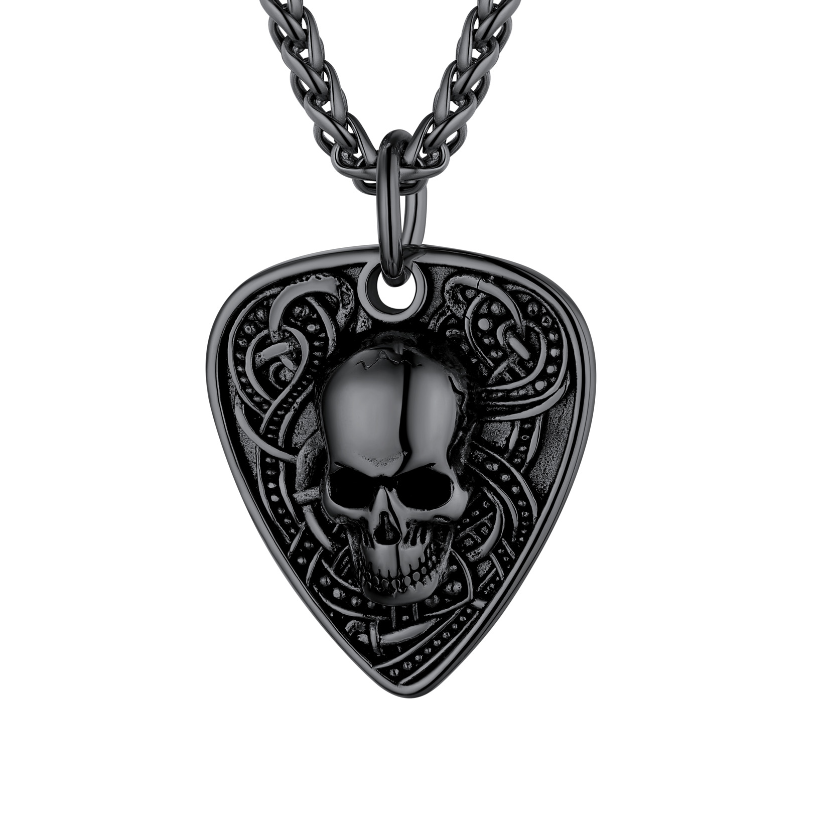 Skull Guitar Pick Necklace Stainless Steel 22" Chain Gift for Men