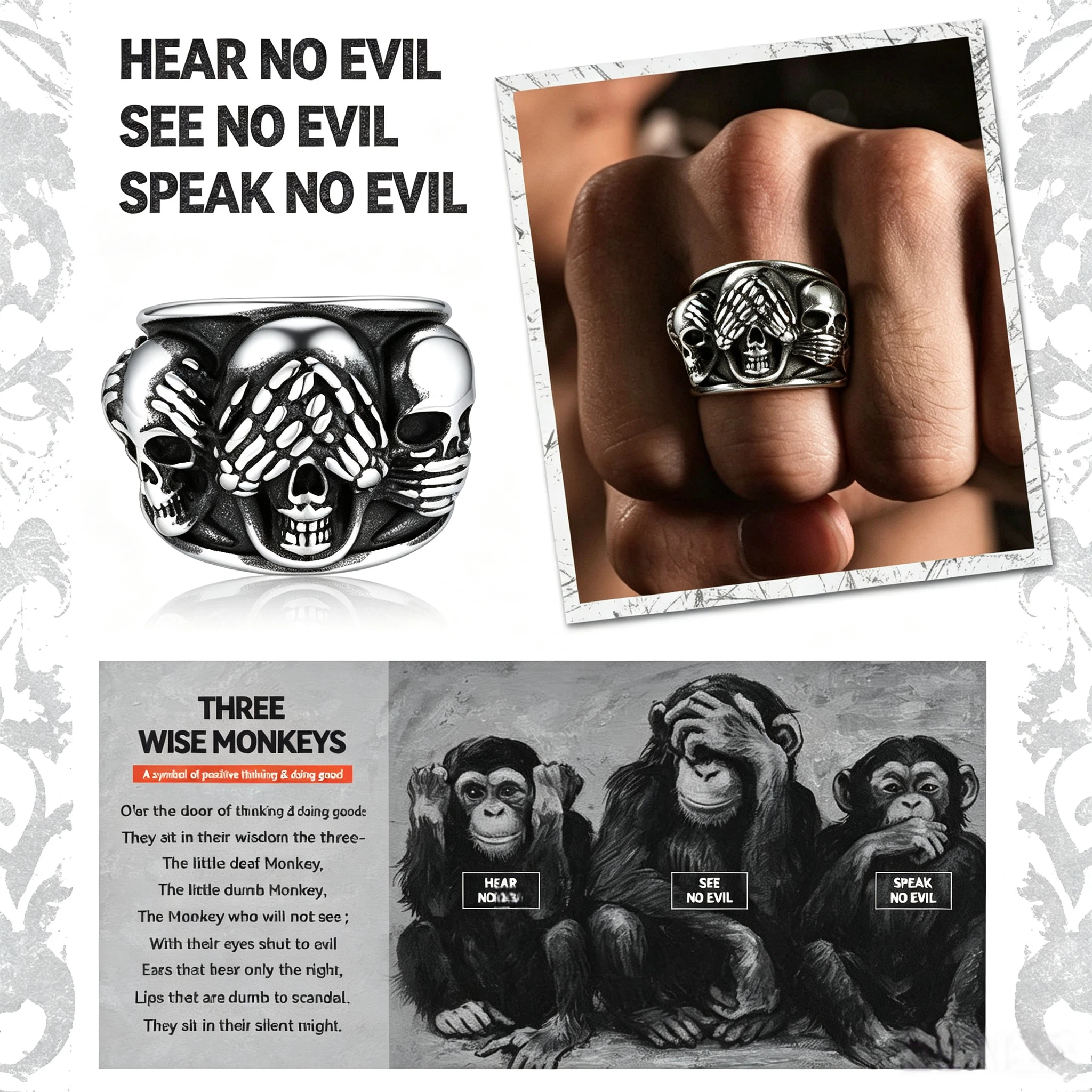 Chainshouse Punk Skull Ring For Men&Women 