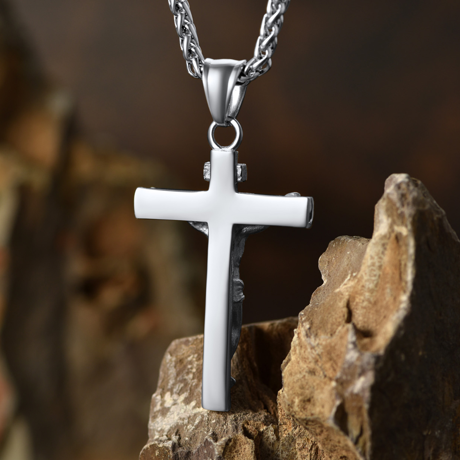 Cross Jesus Pendant Necklace, Stainless Steel-03
