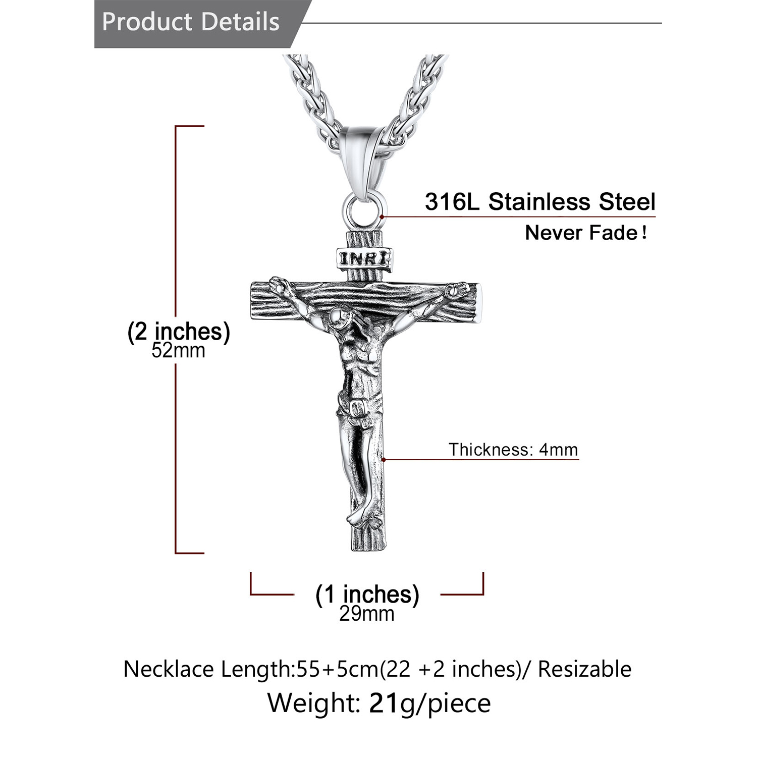 Cross Jesus Pendant Necklace Details-Necklace Length, Weight