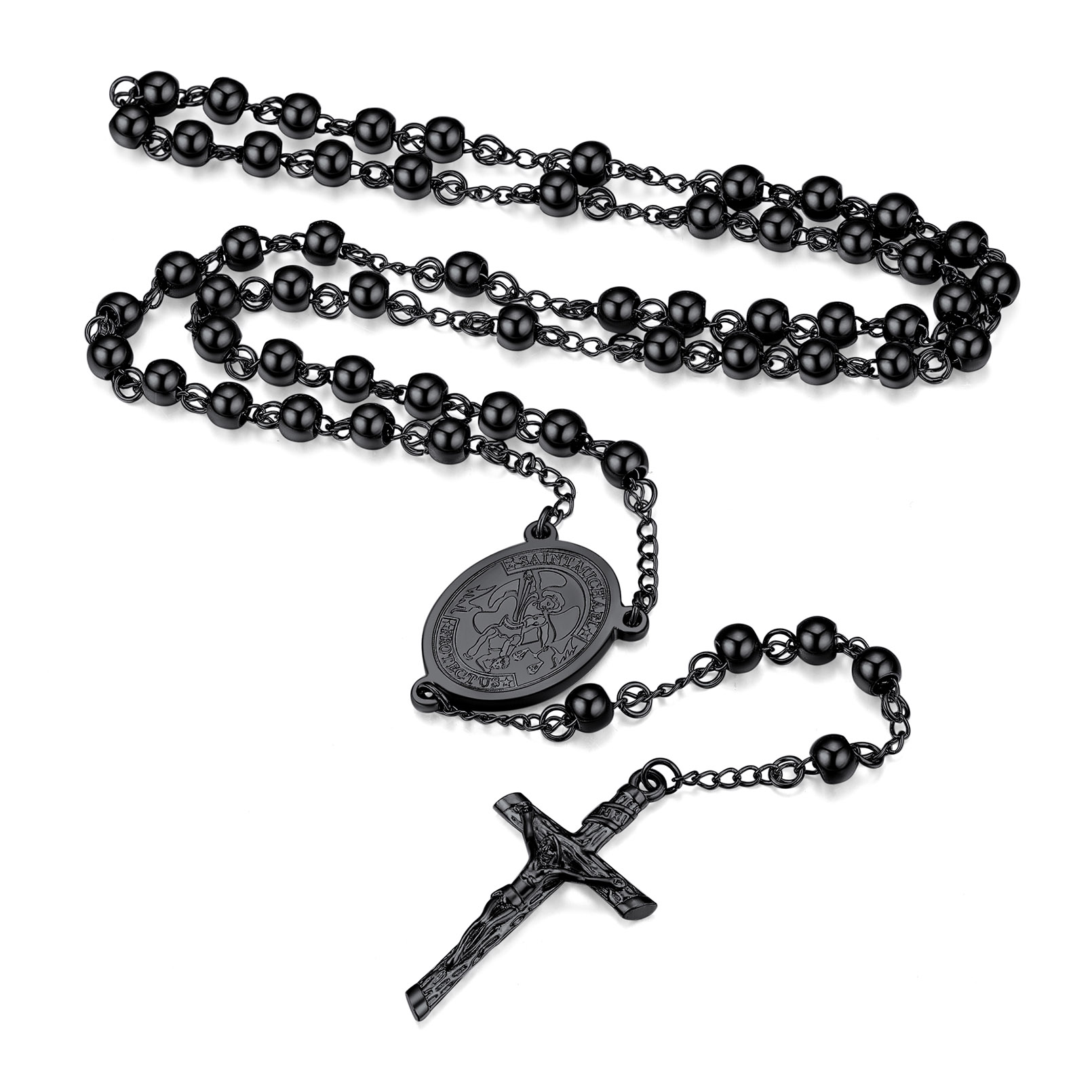 Cross Pendant Chain Necklace Michelle Rosary Beads Black - main image