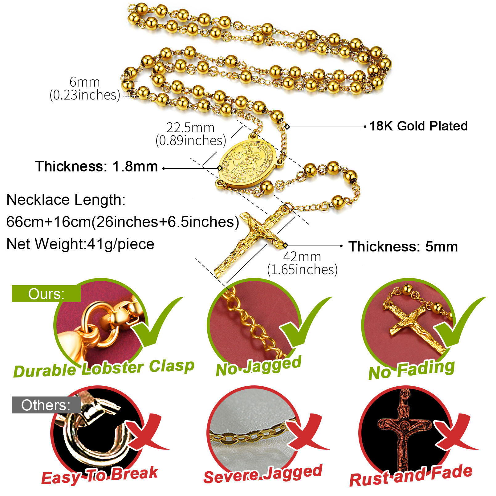 Cross Pendant Chain Necklace Michelle Rosary Beads Gold - product size