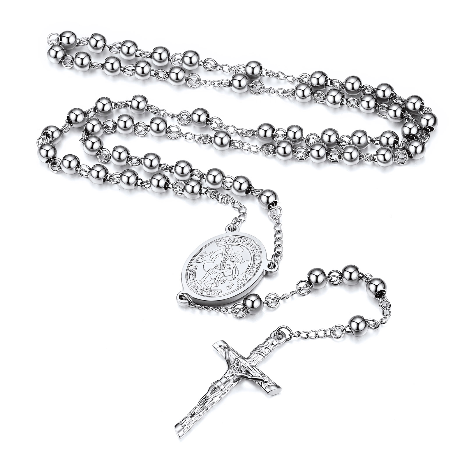 Cross Pendant Chain Necklace Michelle Rosary Beads Silver - main image
