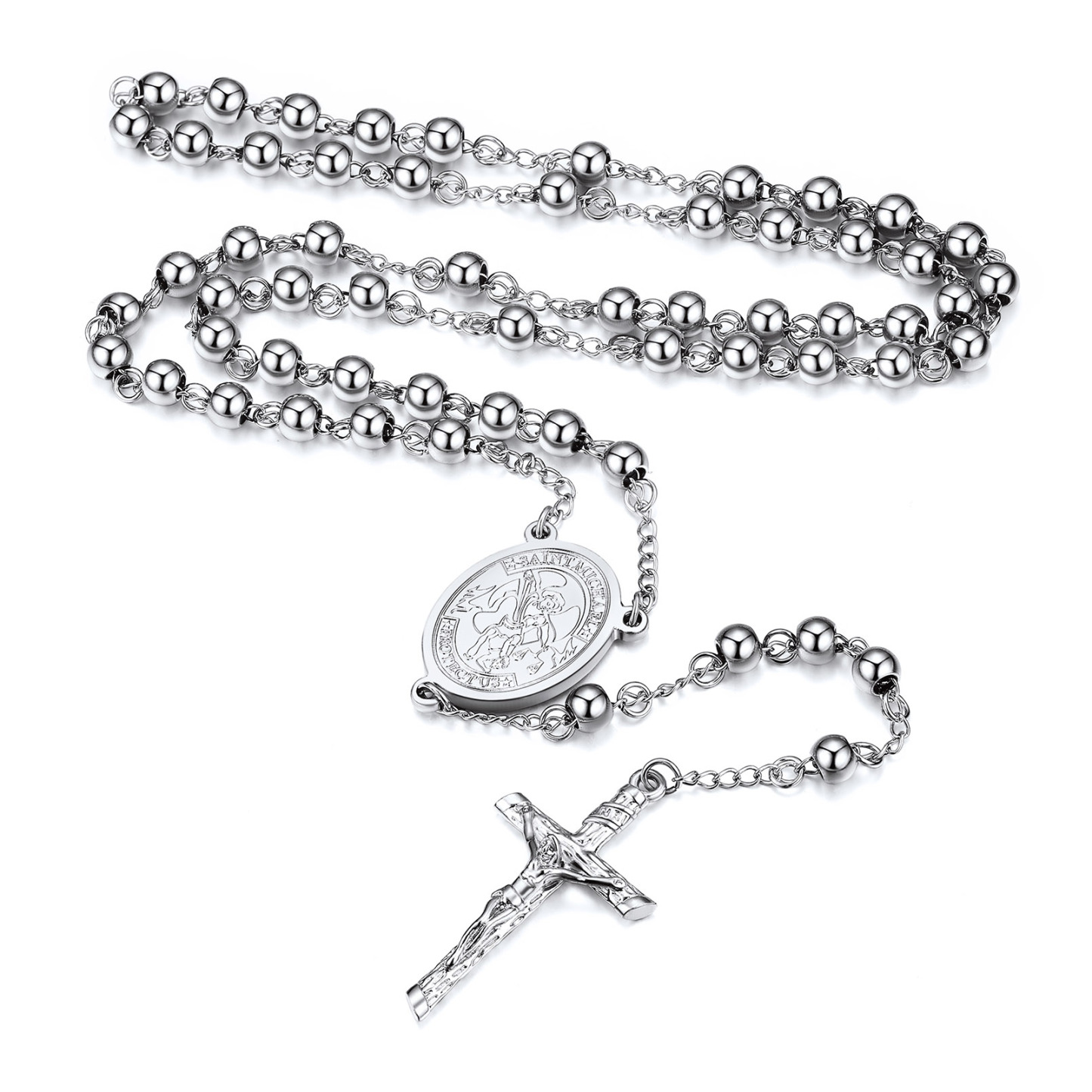 Cross Pendant Chain Necklace Michelle Rosary Beads Silver - main image