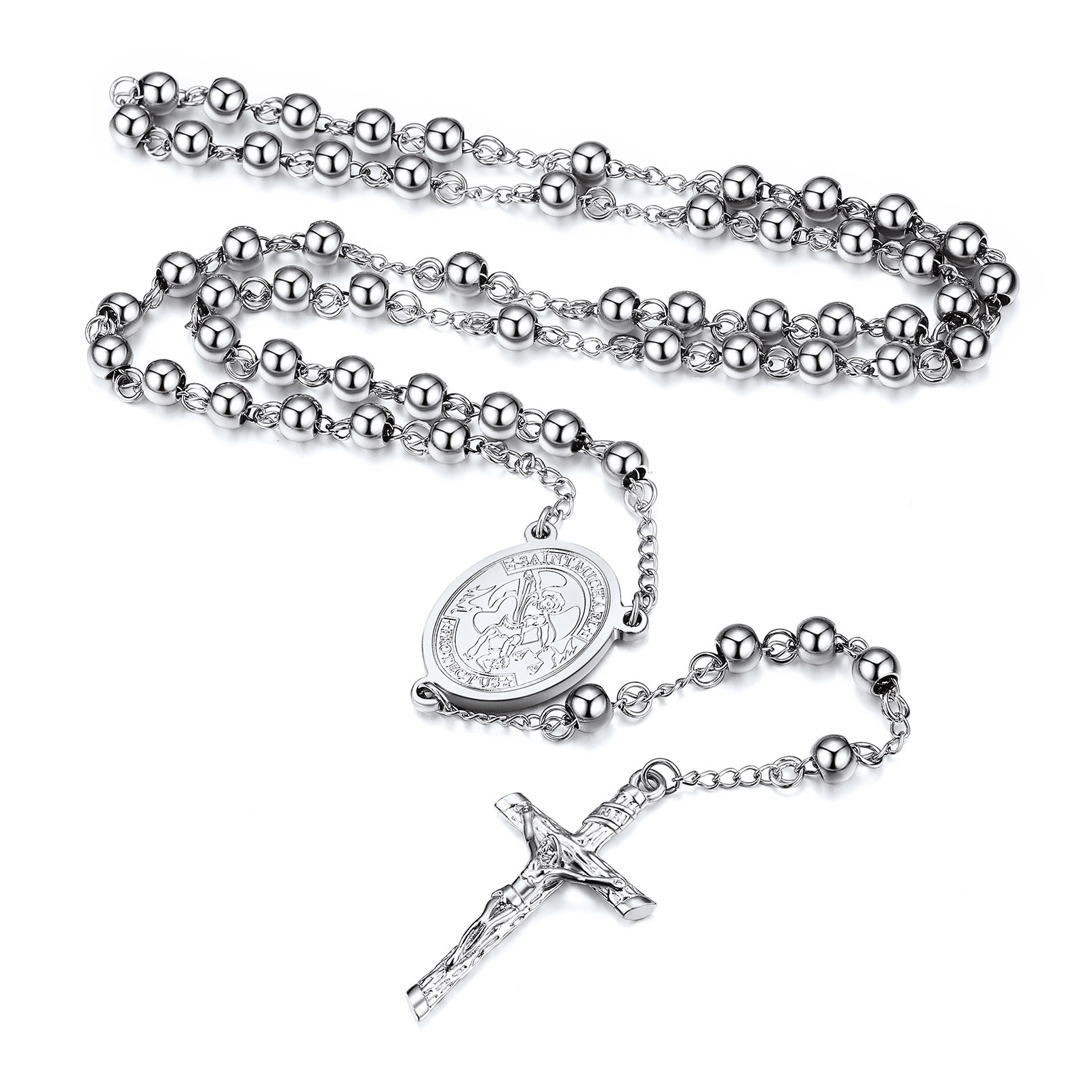 Cross Pendant Chain Necklace Michelle Rosary Beads Silver - main image