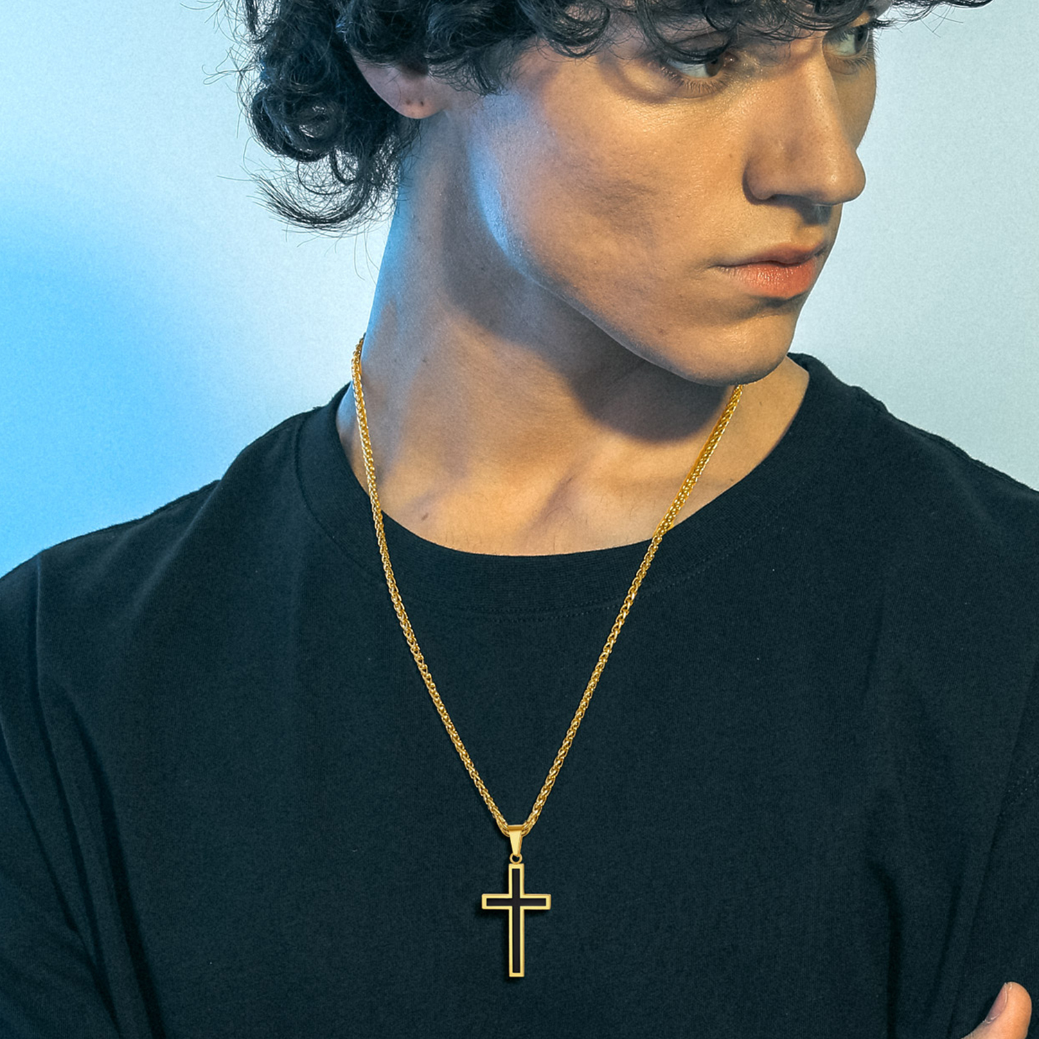 Stainless Steel Christian Black Enamel Cross Necklace for Men Women