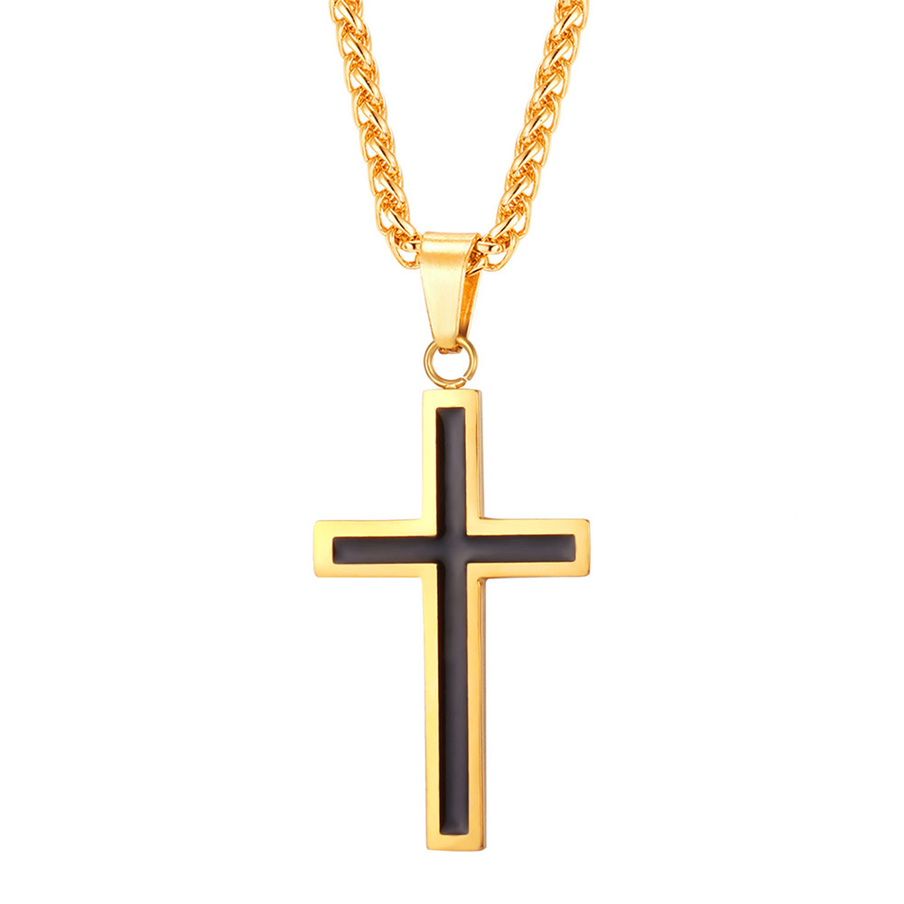 Stainless Steel Christian Black Enamel Cross Necklace for Men Women