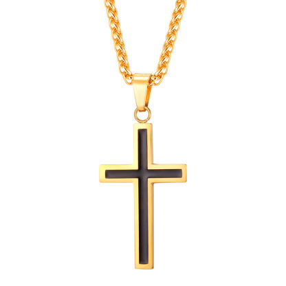 Stainless Steel Christian Black Enamel Cross Necklace for Men Women