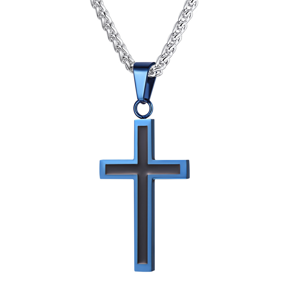 Stainless Steel Christian Black Enamel Cross Necklace for Men Women