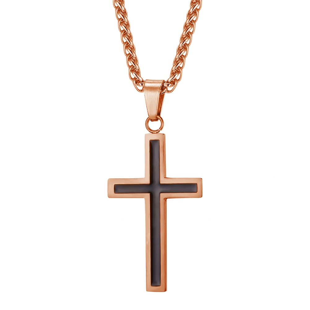 Stainless Steel Christian Black Enamel Cross Necklace for Men Women