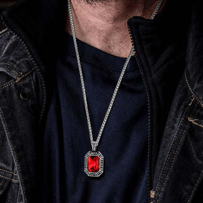 Runes gemstone dog tag pendant necklace for men with red ruby