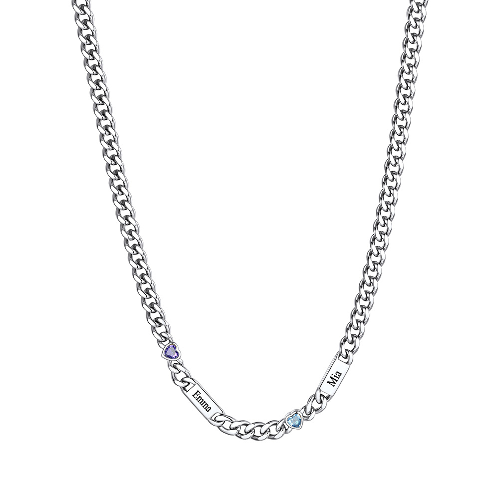 Custom 1-6 Names Heart Birthstones Cuban Link Chain