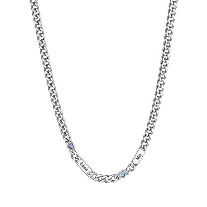 Custom 1-6 Names Heart Birthstones Cuban Link Chain