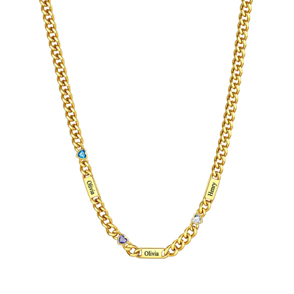 Custom 1-6 Names Heart Birthstones Cuban Link Chain