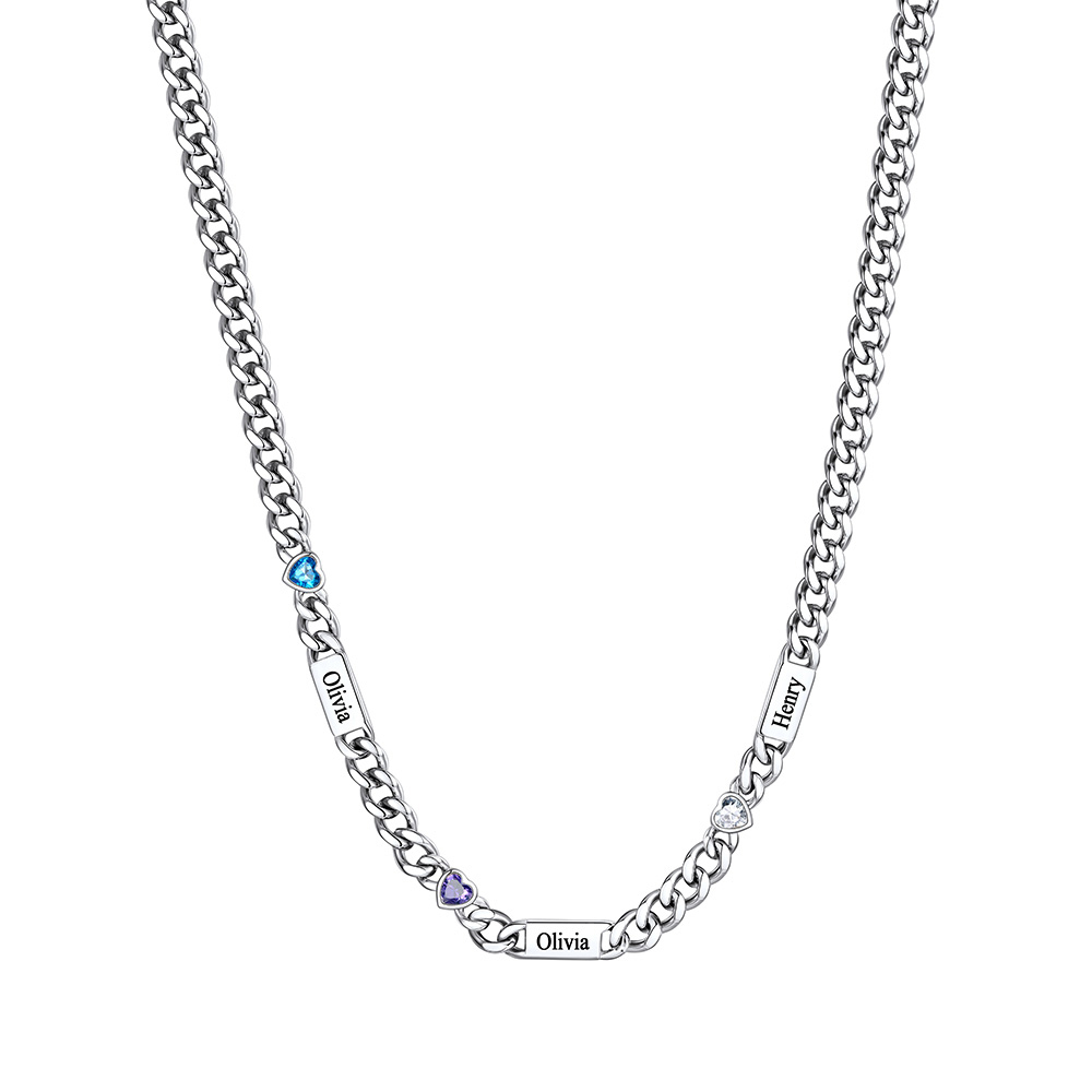 Custom 1-6 Names Heart Birthstones Cuban Link Chain