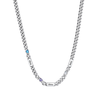 Custom 1-6 Names Heart Birthstones Cuban Link Chain