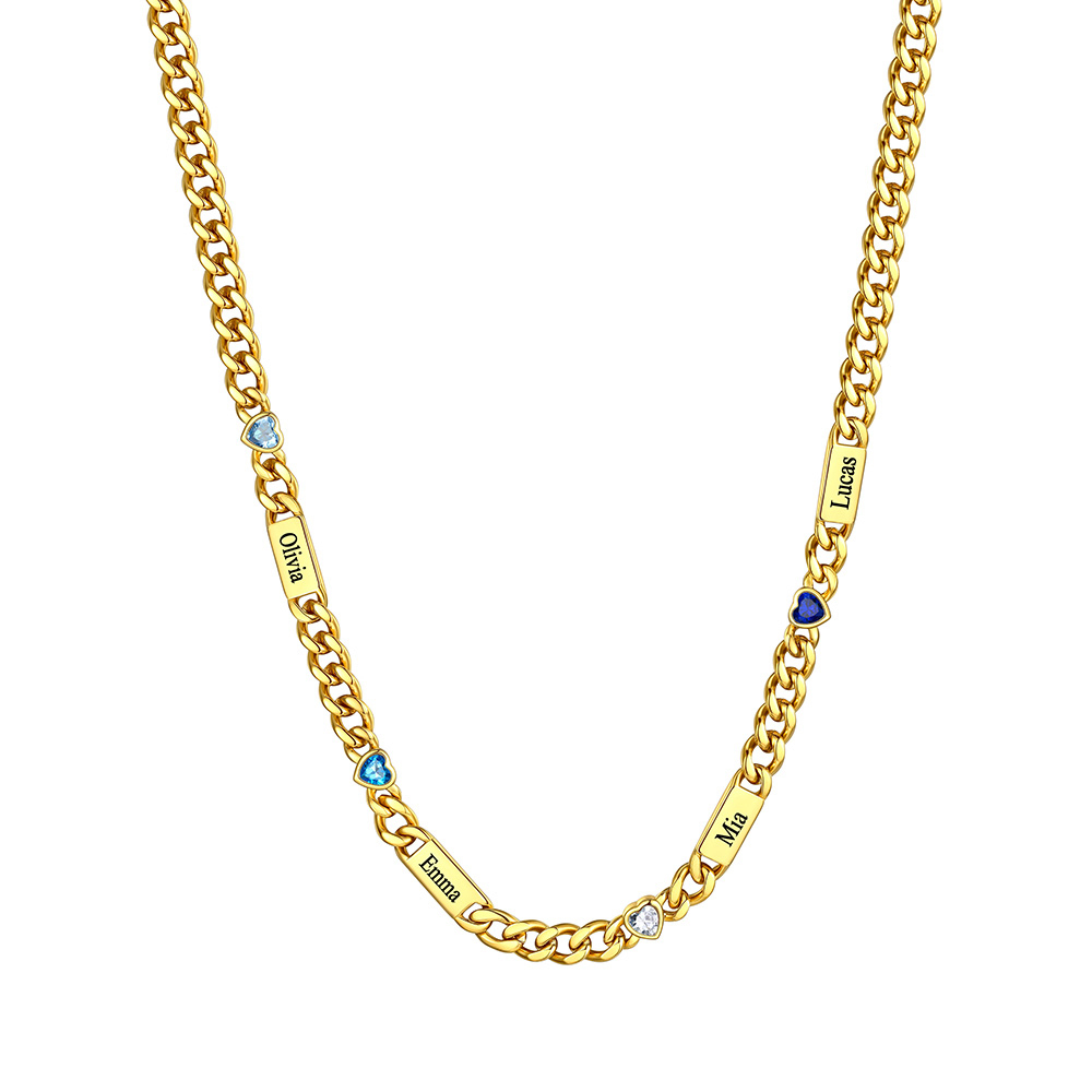 Custom 1-6 Names Heart Birthstones Cuban Link Chain