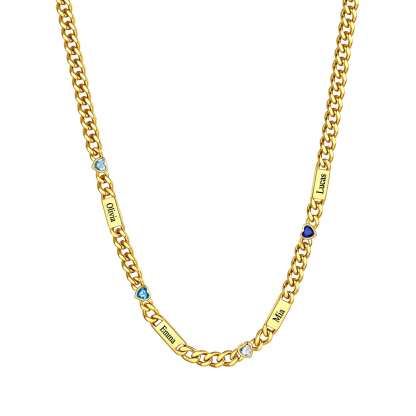 Custom 1-6 Names Heart Birthstones Cuban Link Chain