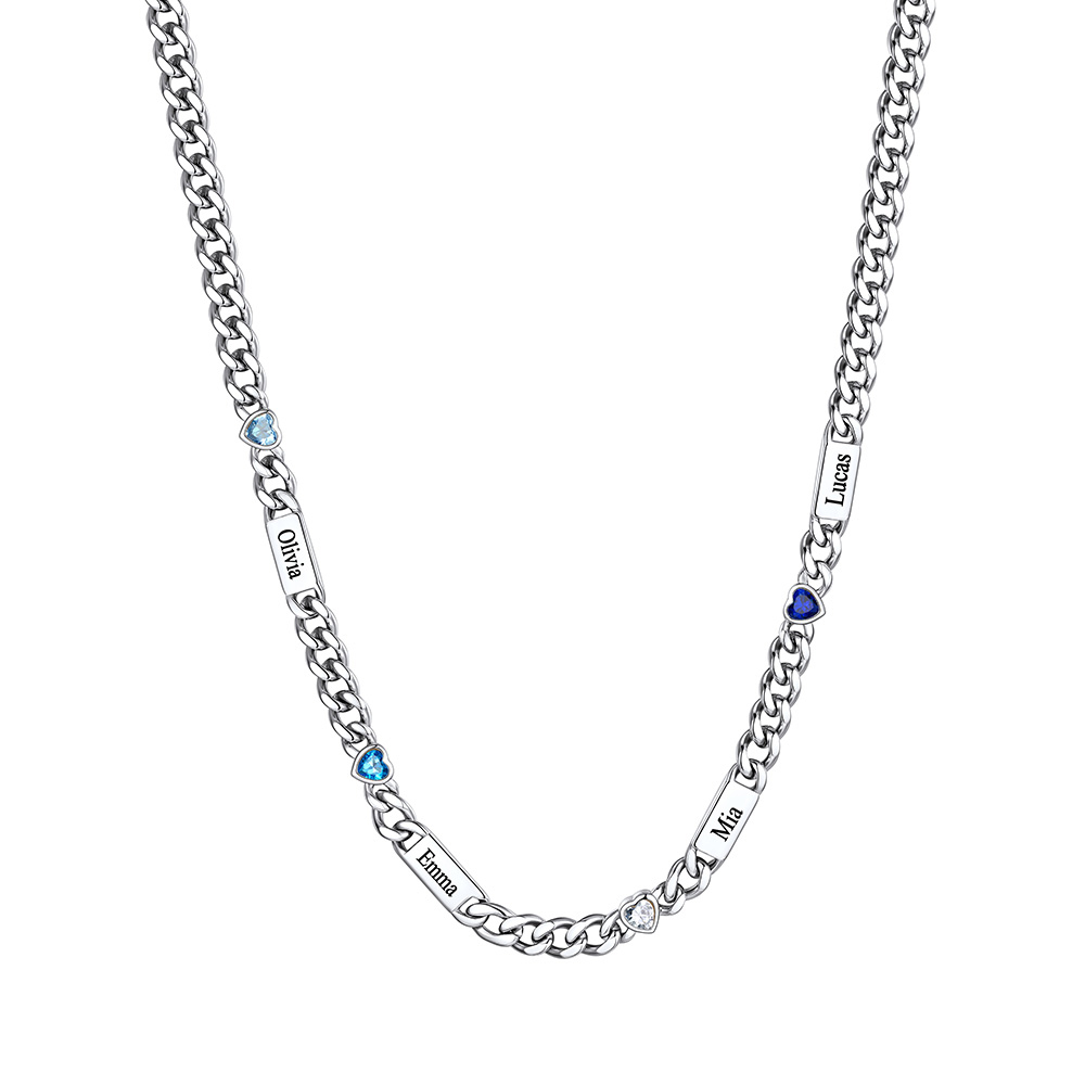 Custom 1-6 Names Heart Birthstones Cuban Link Chain