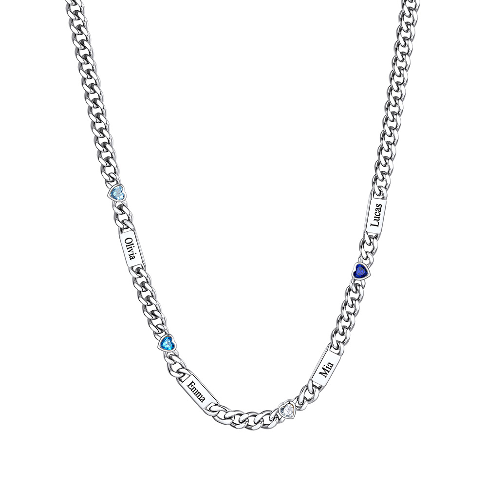 Custom 1-6 Names Heart Birthstones Cuban Link Chain