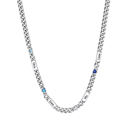 Custom 1-6 Names Heart Birthstones Cuban Link Chain