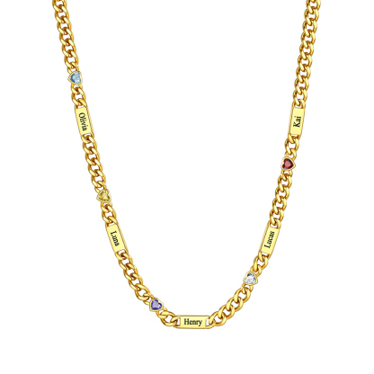 Custom 1-6 Names Heart Birthstones Cuban Link Chain
