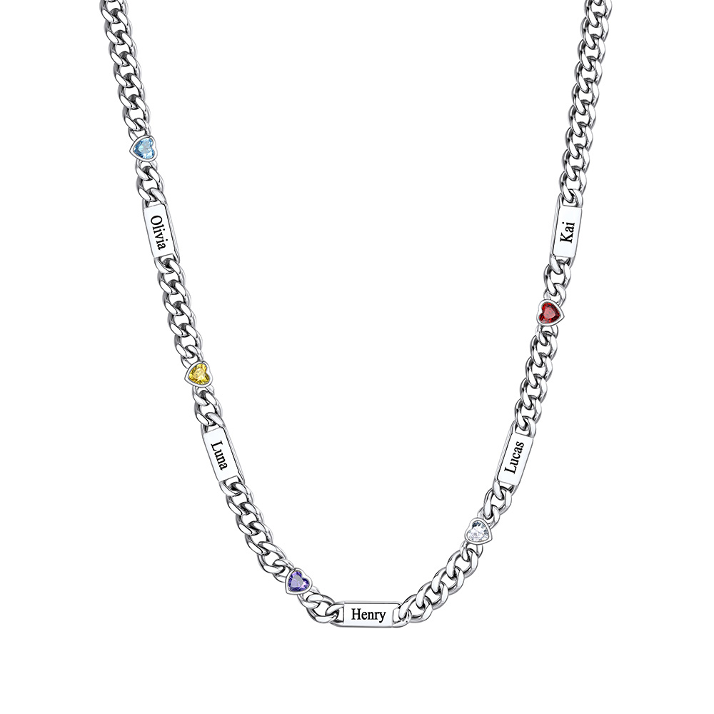 Custom 1-6 Names Heart Birthstones Cuban Link Chain