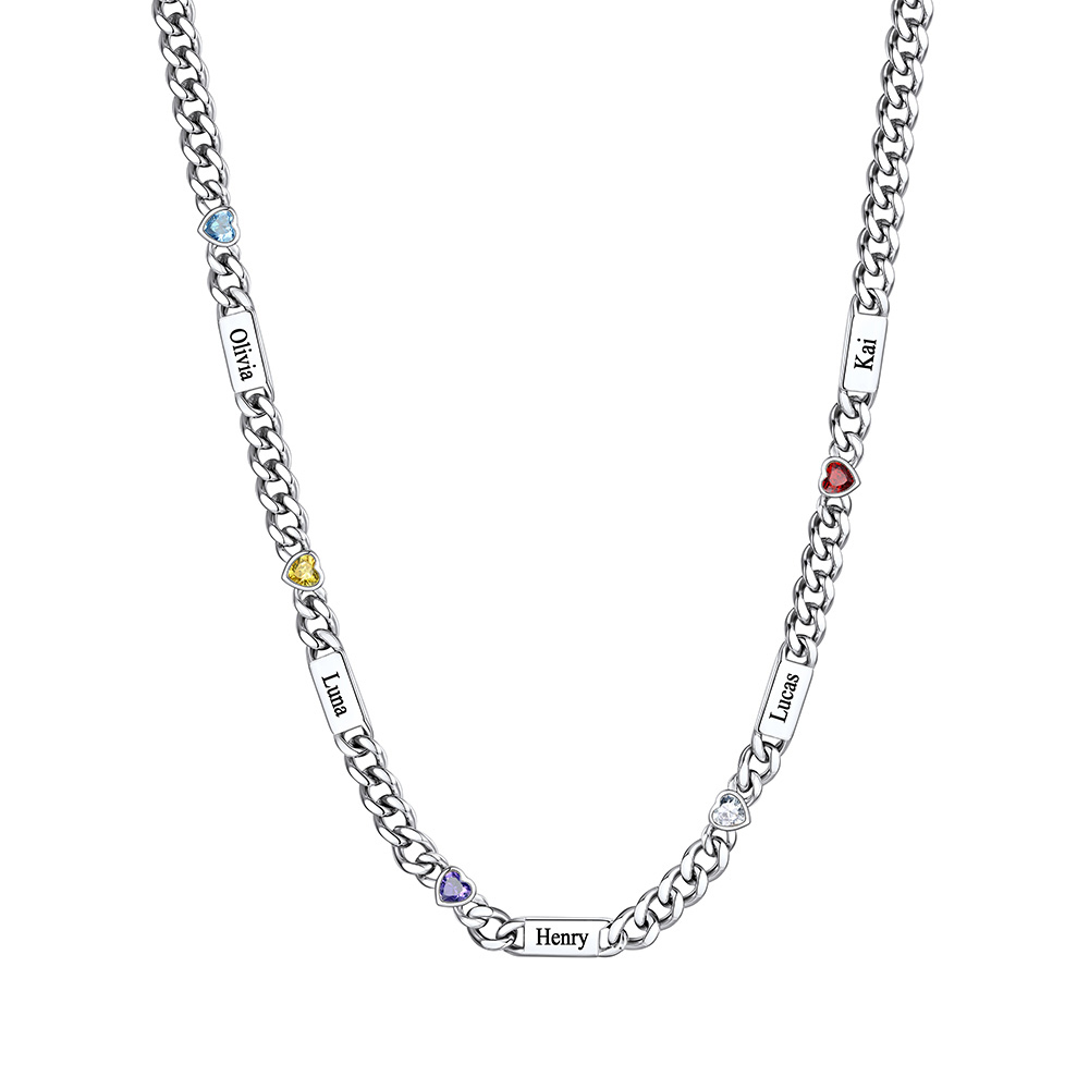 Custom 1-6 Names Heart Birthstones Cuban Link Chain