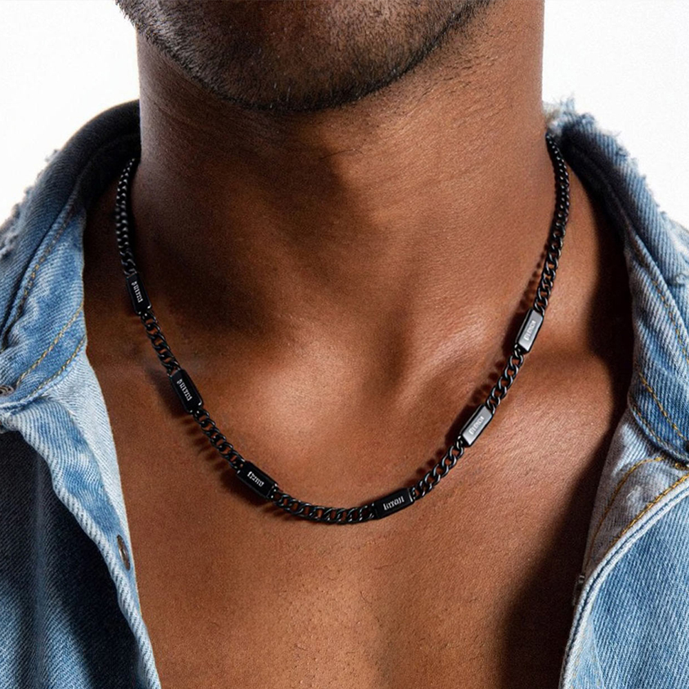 Custom 6 Name Cuban Chain Necklace for Men in Black Plated - Mens Valentine's Gift