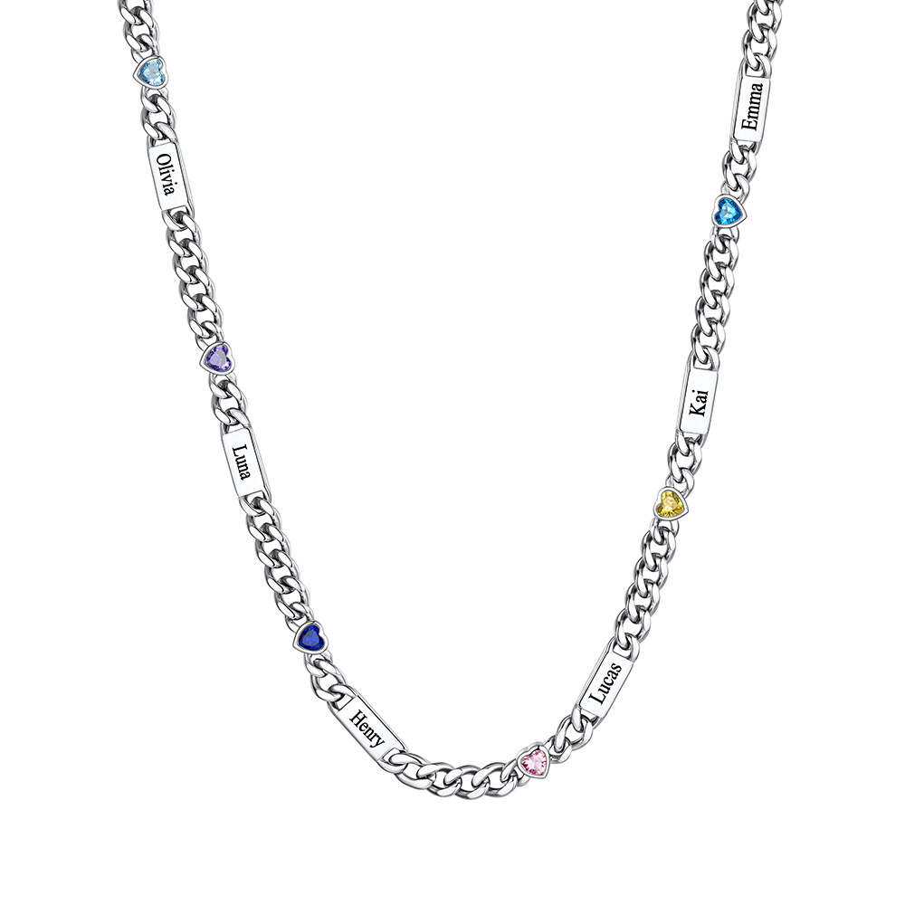 Custom 1-6 Names Heart Birthstones Cuban Link Chain
