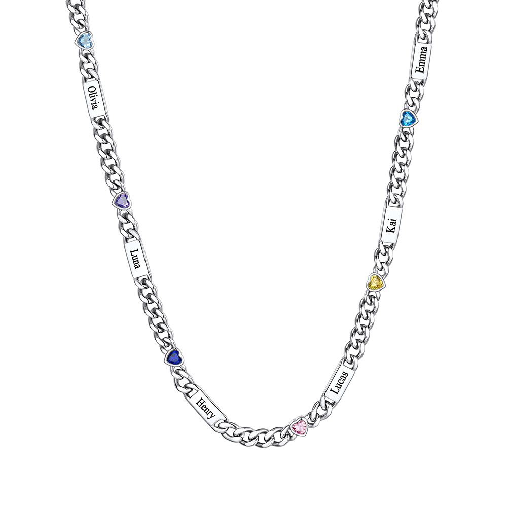 Custom 1-6 Names Heart Birthstones Cuban Link Chain