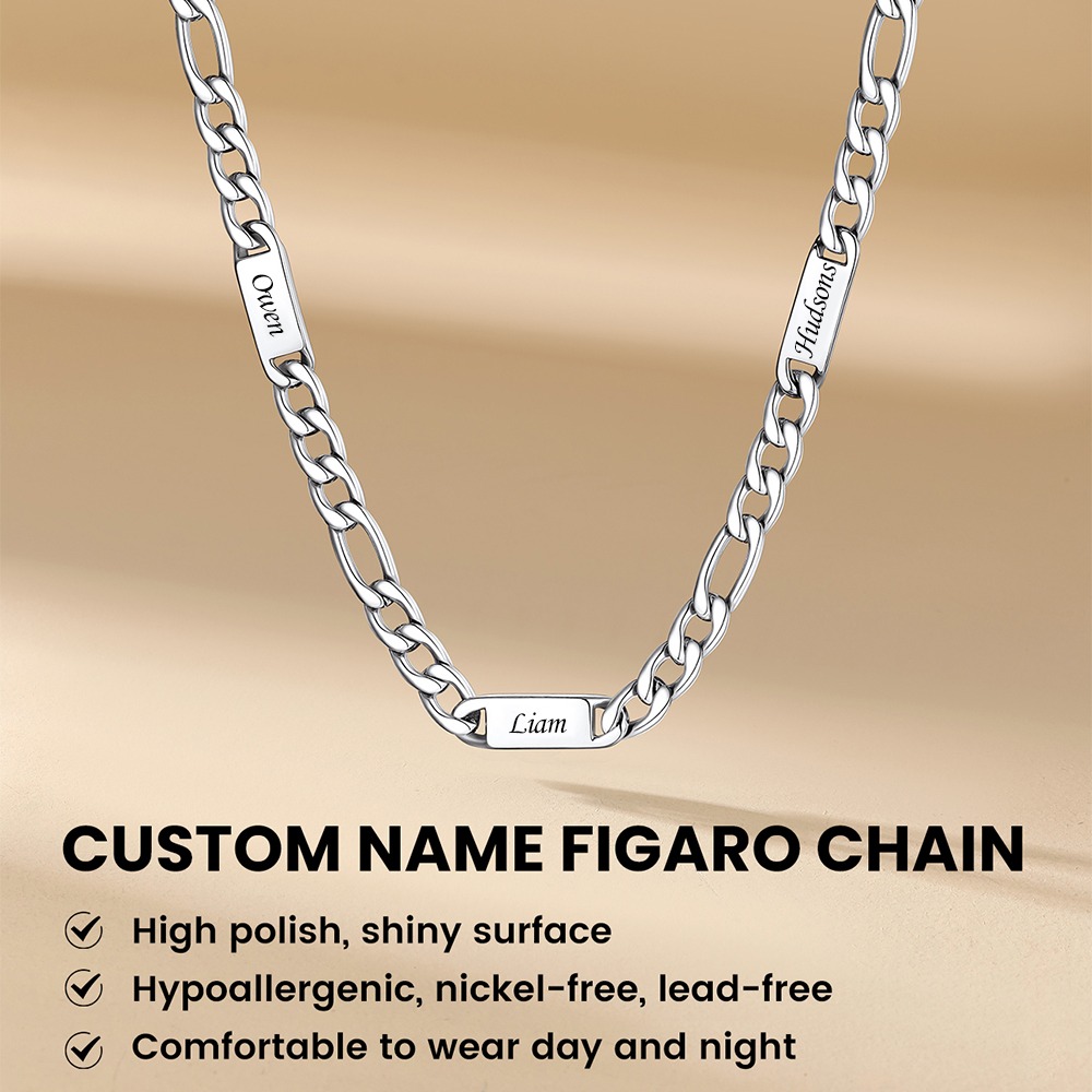 Custom Engravable 1-6 Names Figaro Chain Necklace For Him