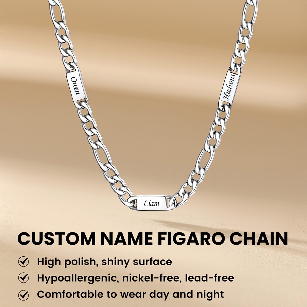 Custom Engravable 1-6 Names Figaro Chain Necklace For Him