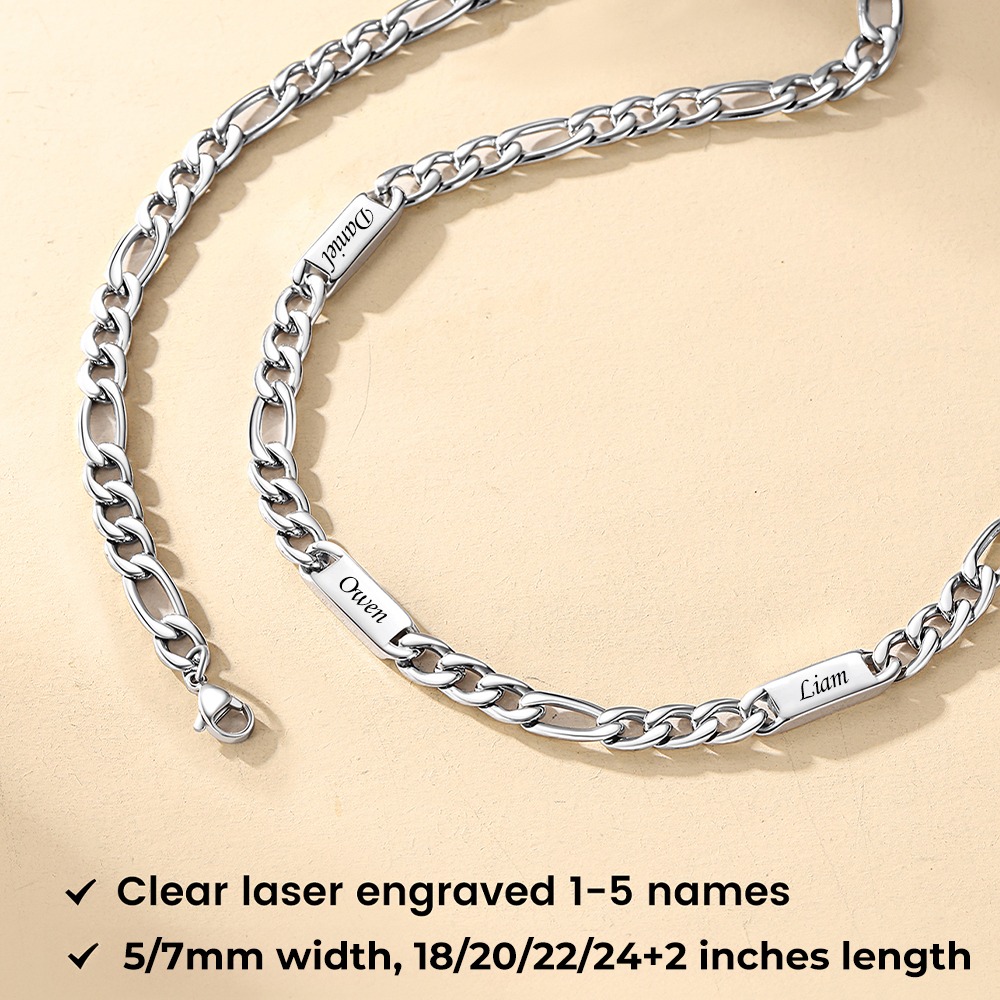 Custom Engravable 1-6 Names Figaro Chain Necklace For Him