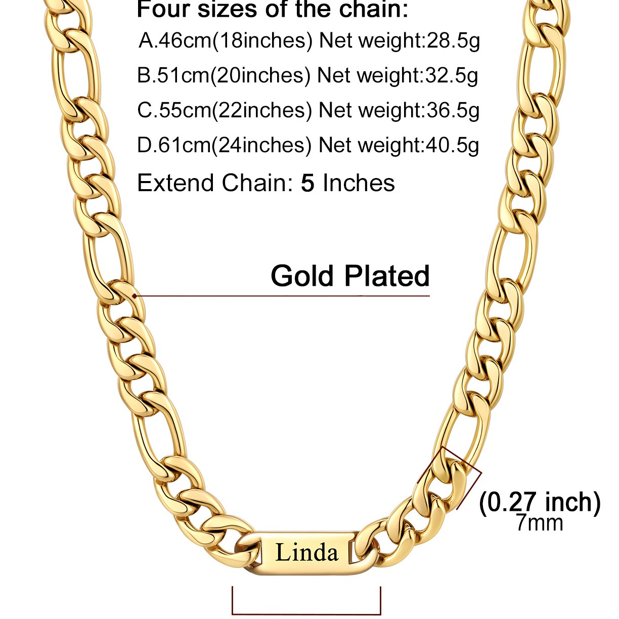 Custom Engravable 1-6 Names Figaro Chain Necklace For Him