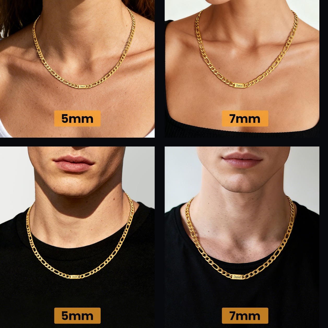 Custom Engravable 1-6 Names Figaro Chain Necklace For Him