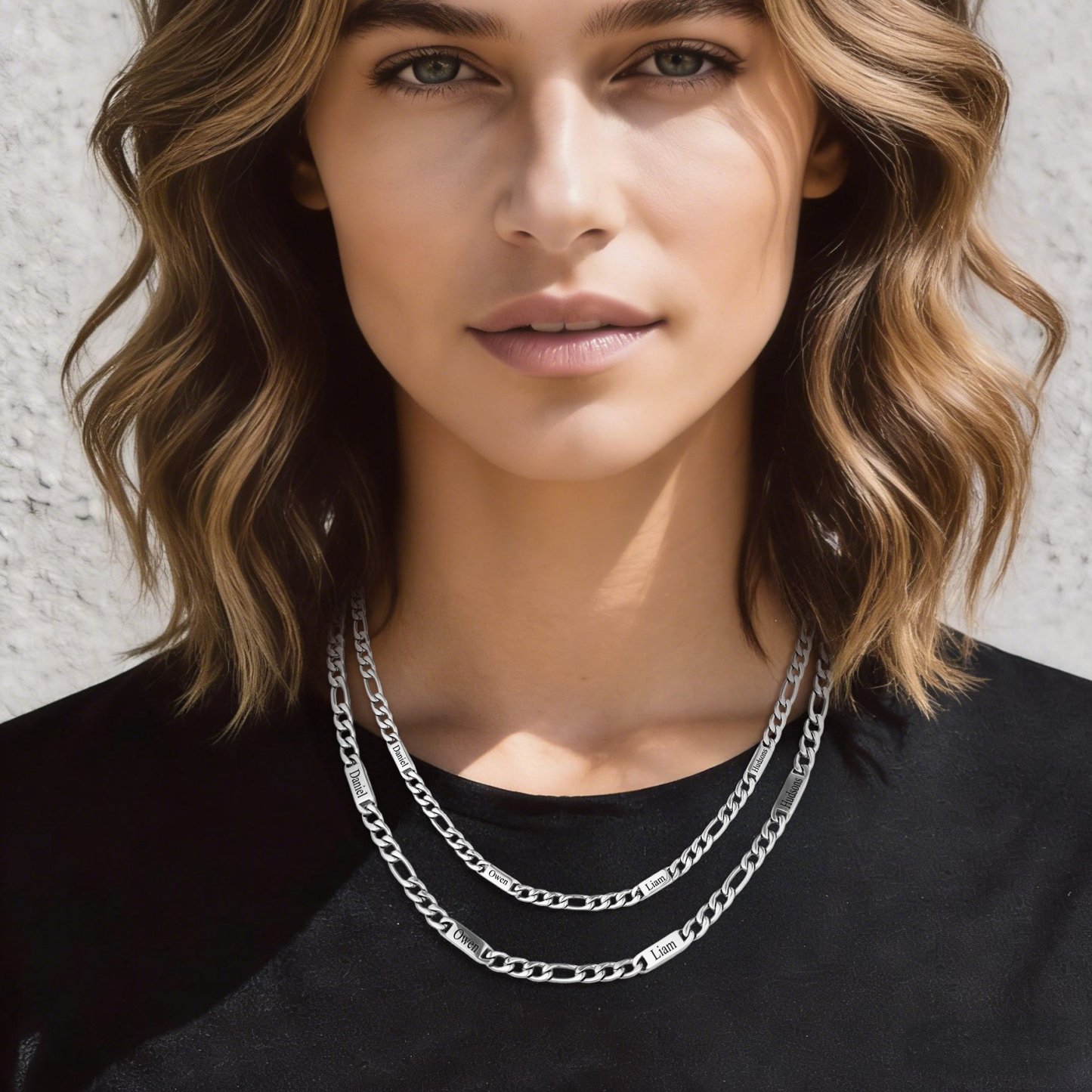 Custom Engravable 1-6 Names Figaro Chain Necklace For Him