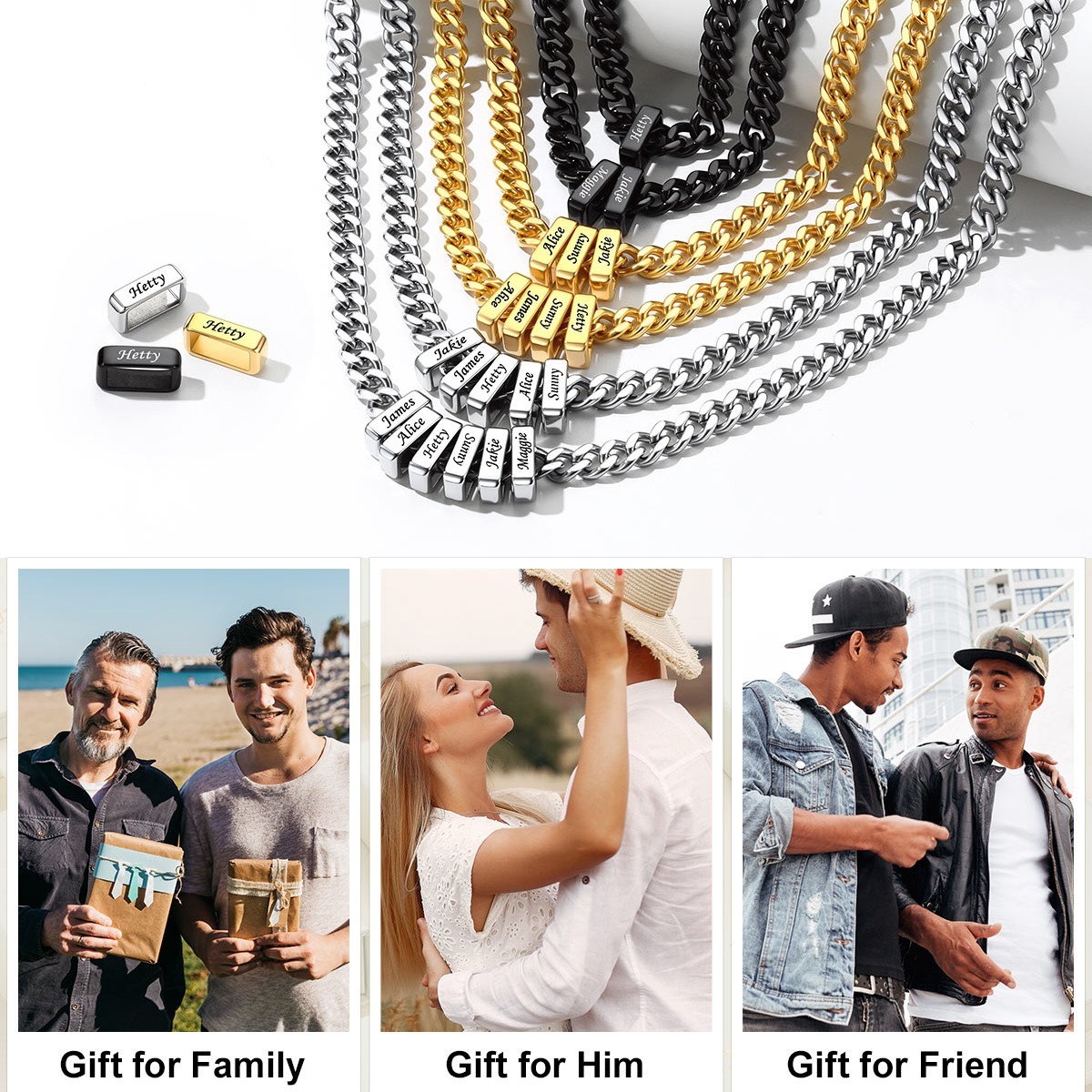 Custom Engravable Name Beads Cuban Chain Necklace For Men