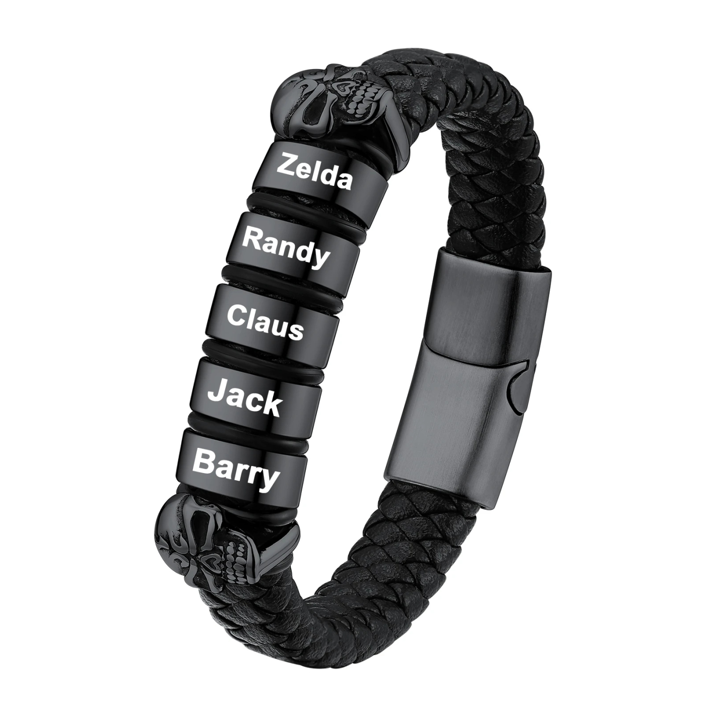 Custom Engravable Name Skull Beaded Leather Bracelet For Him