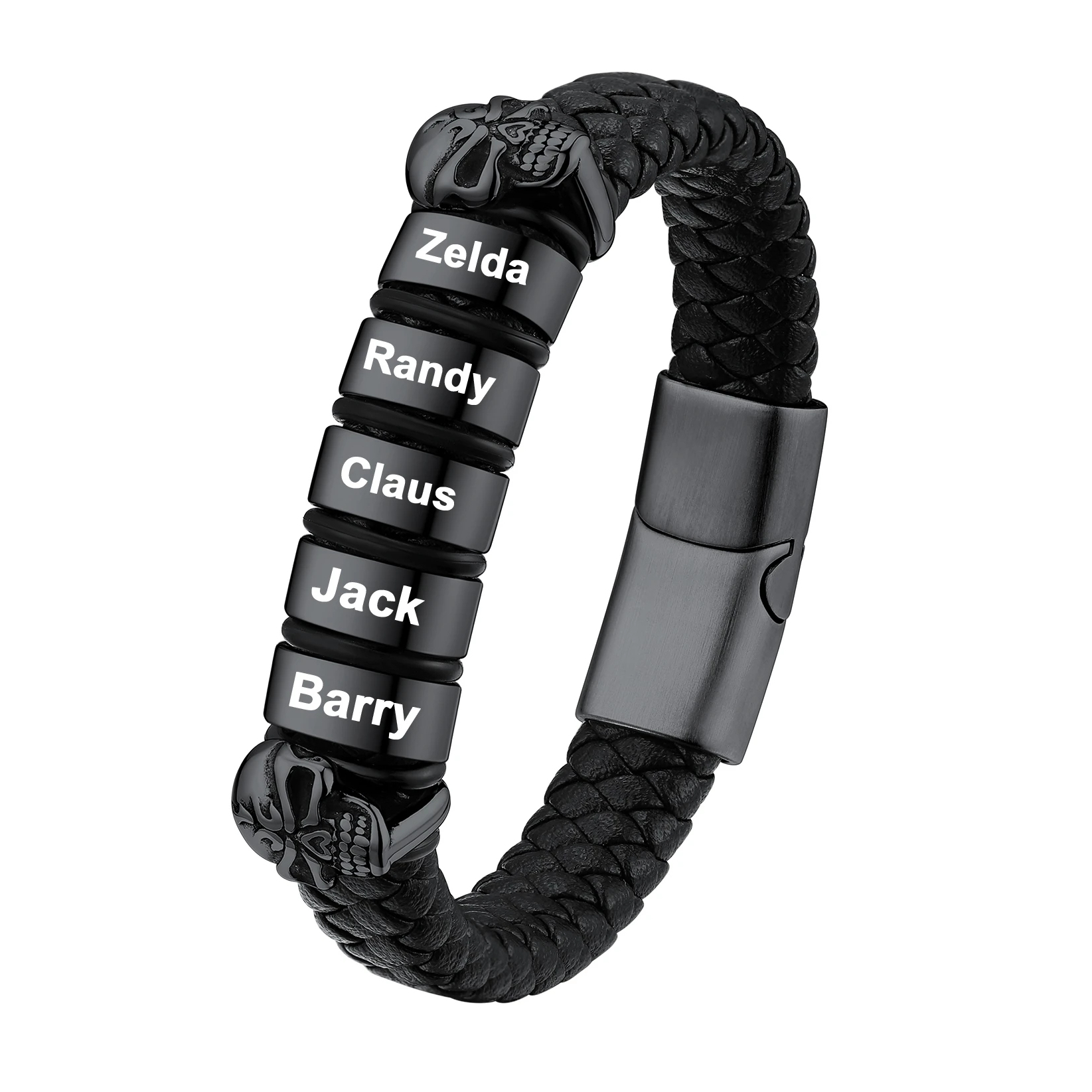 Custom Engravable Name Skull Beaded Leather Bracelet For Him