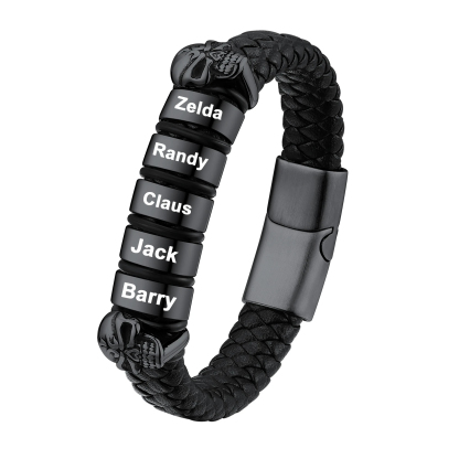 Custom Engravable Name Skull Beaded Leather Bracelet For Him