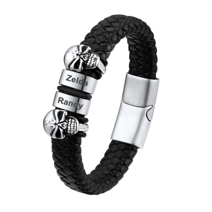 Custom Engravable Name Skull Beaded Leather Bracelet For Him
