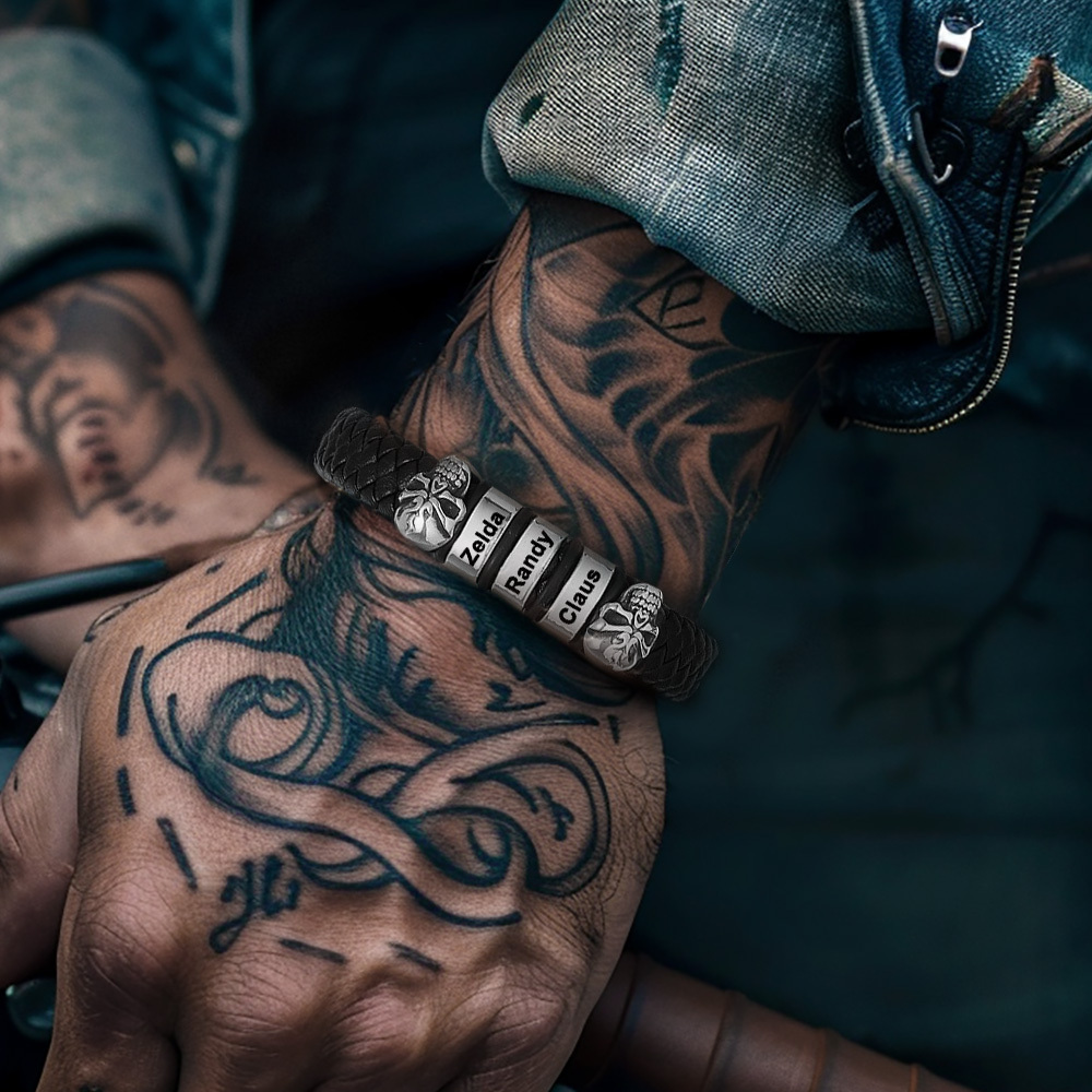 Custom Engravable Name Skull Beaded Leather Bracelet For Him