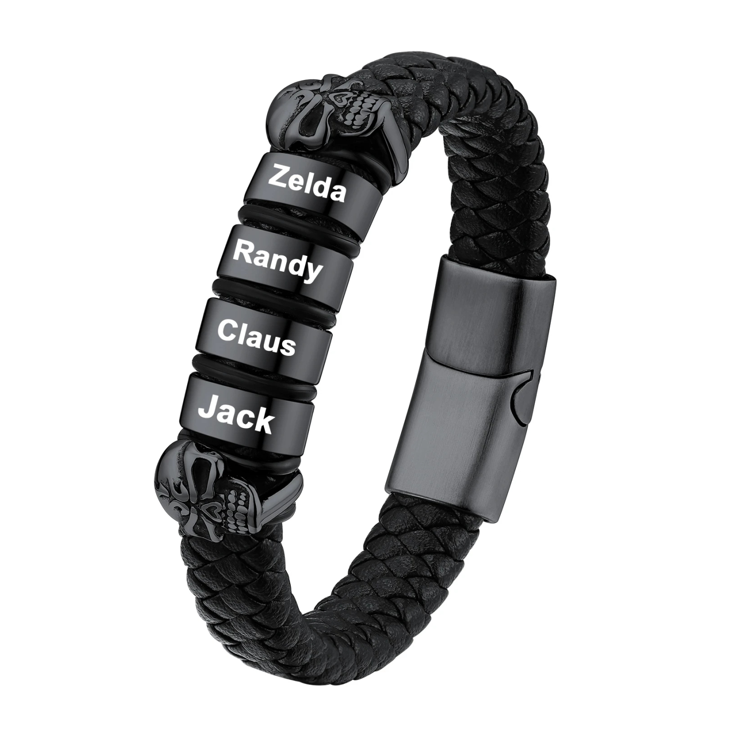 Custom Engravable Name Skull Beaded Leather Bracelet For Him